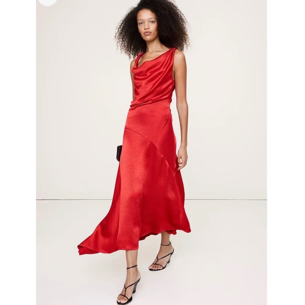 Banana Republic Red Satin Cowl Neck Ruched Midi Dress Asymmetrical Size 0